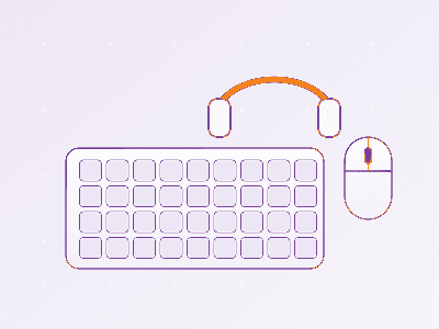 Illustration of a keyboard, mouse and headset